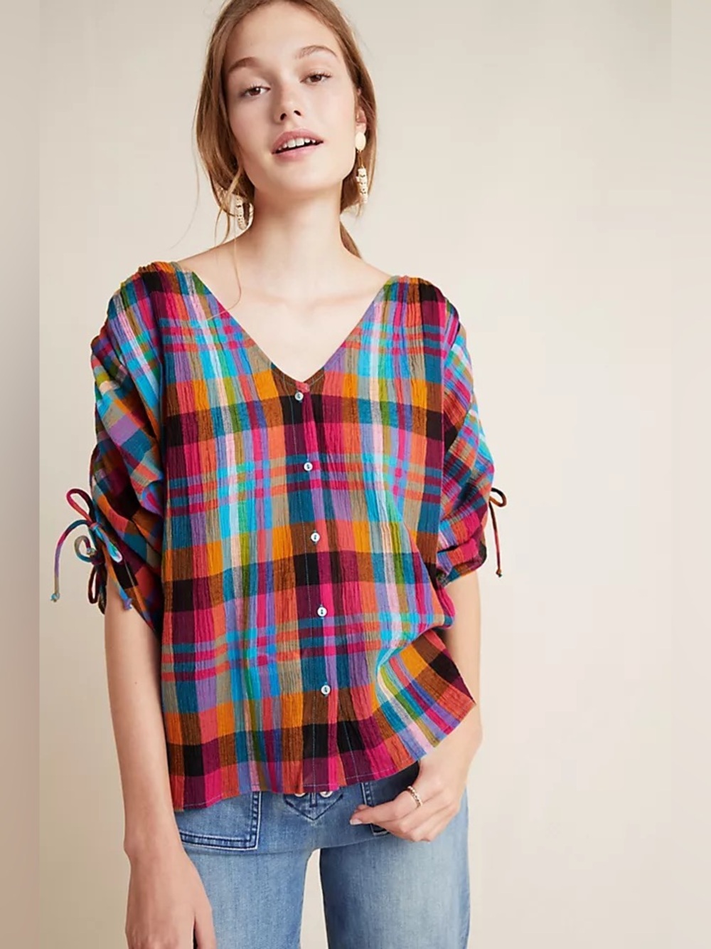 Anthropologie Multicolor Plaid V-Neck Button-Front Top